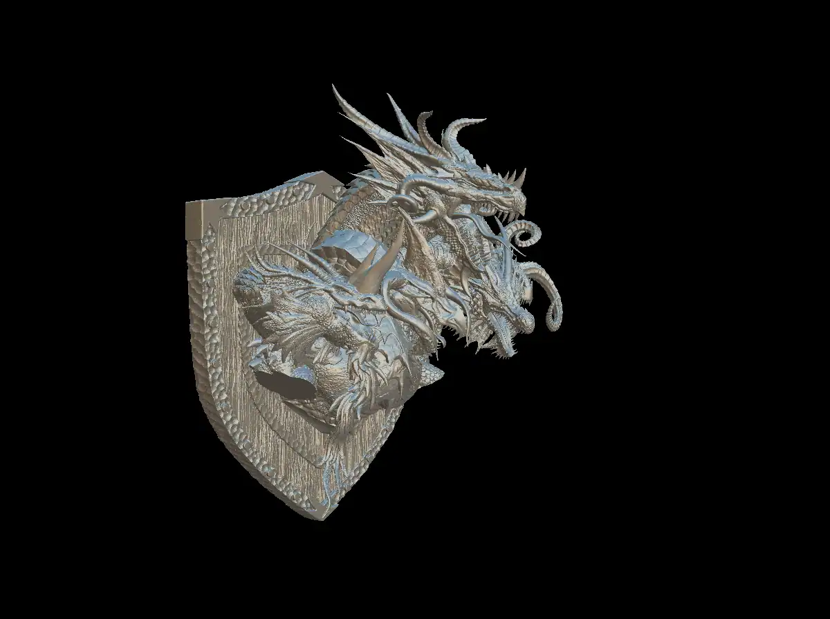 Three-quarter view of the tiamat trophy bust with the horned center head rearing above the coiled body