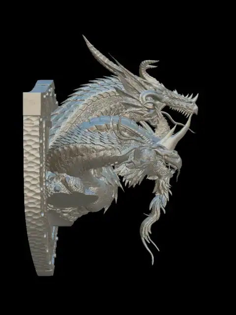Side profile of the tiamat trophy bust showing swept-back horns and open jaws