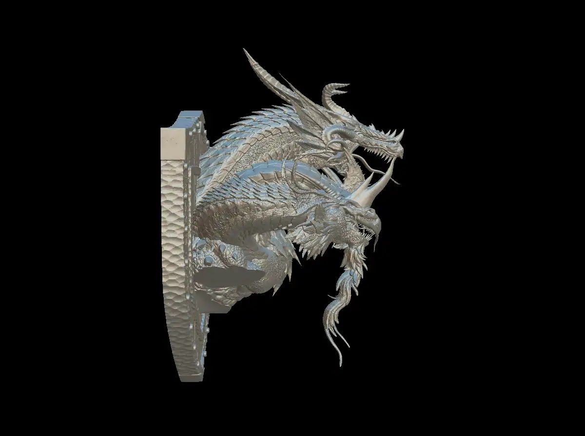 Side profile of the tiamat trophy bust showing swept-back horns and open jaws