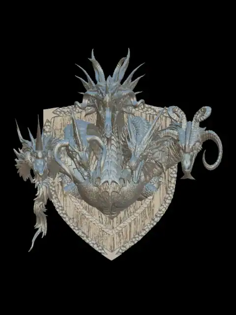 Front view of the Tiamat trophy bust with five dragon heads on a studded wooden shield