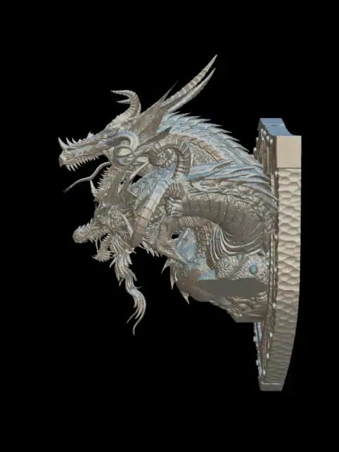 Opposite side profile of the tiamat trophy bust with the whiskered head beside the crested center head