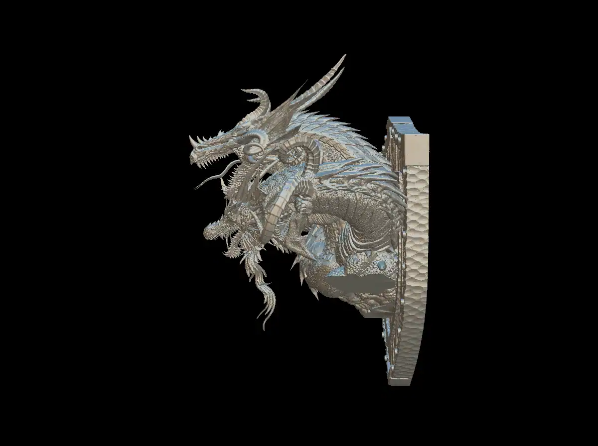 Opposite side profile of the tiamat trophy bust with the whiskered head beside the crested center head