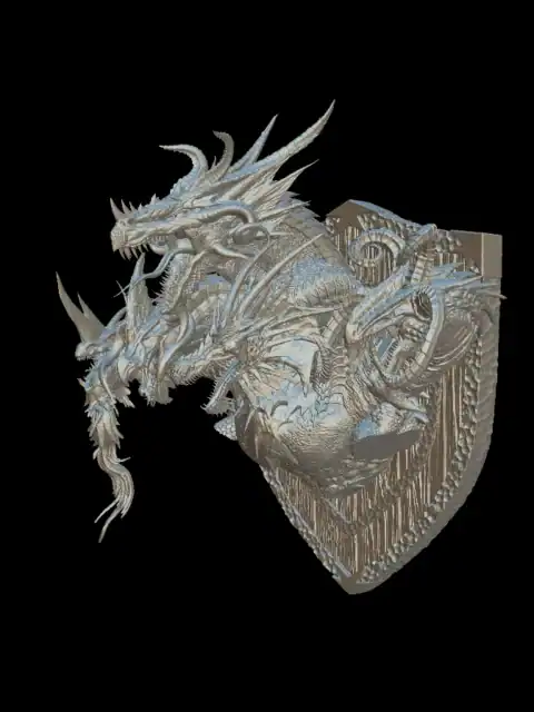 Angled view of the tiamat trophy bust with the five heads fanning out from the shield