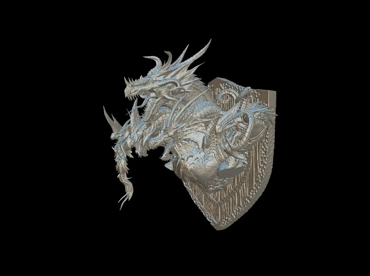 Angled view of the tiamat trophy bust with the five heads fanning out from the shield