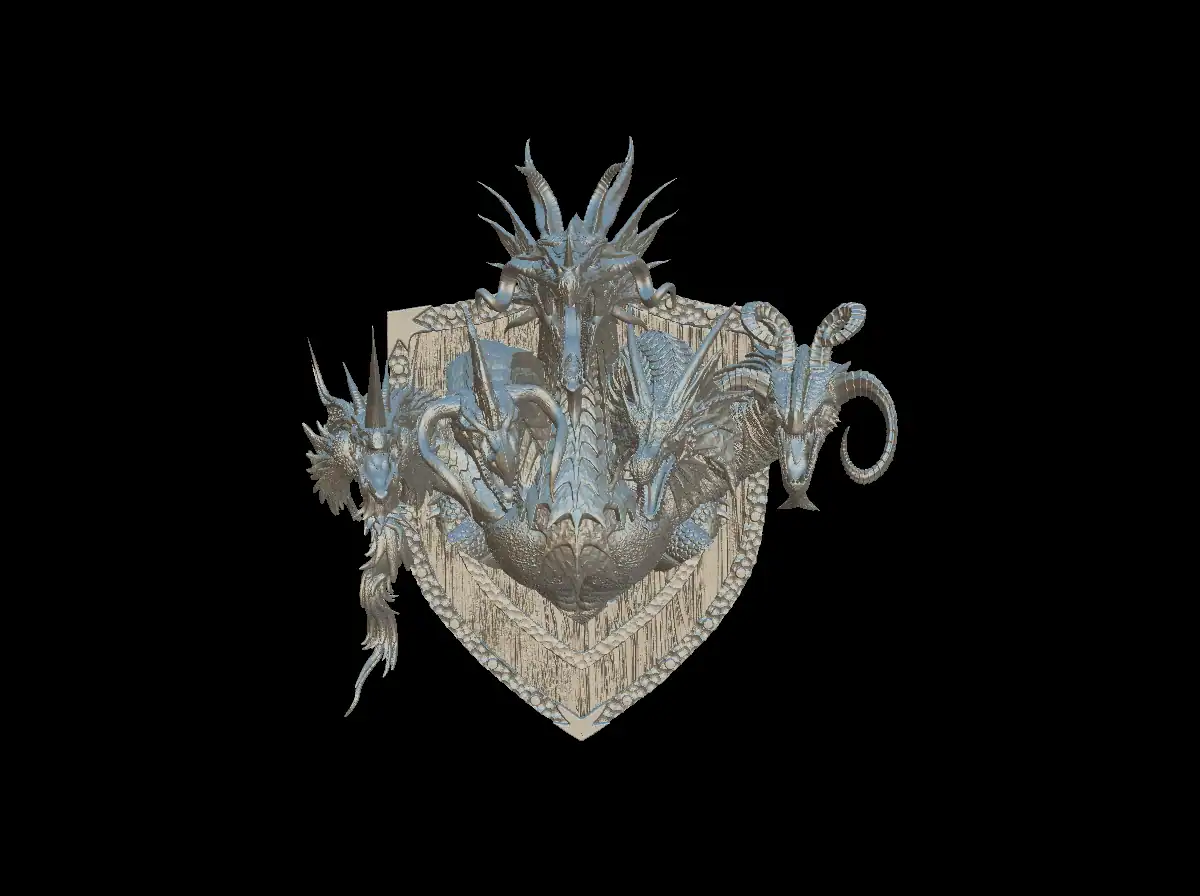 Front view of the Tiamat trophy bust with five dragon heads on a studded wooden shield