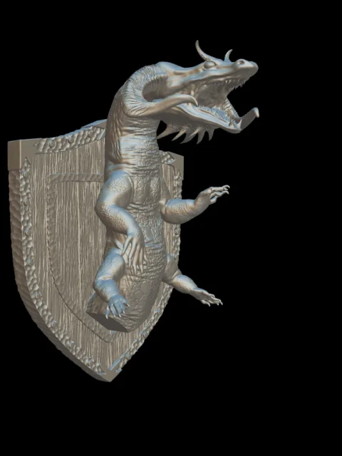 Three-quarter view of the behir trophy bust with its neck arching out from the shield