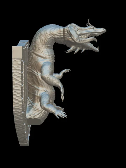 Side profile of the behir trophy bust showing the curved neck and clawed legs