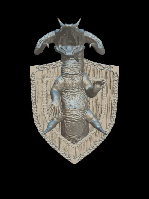 Front view of the behir trophy bust with horns and open jaws on a studded wooden shield