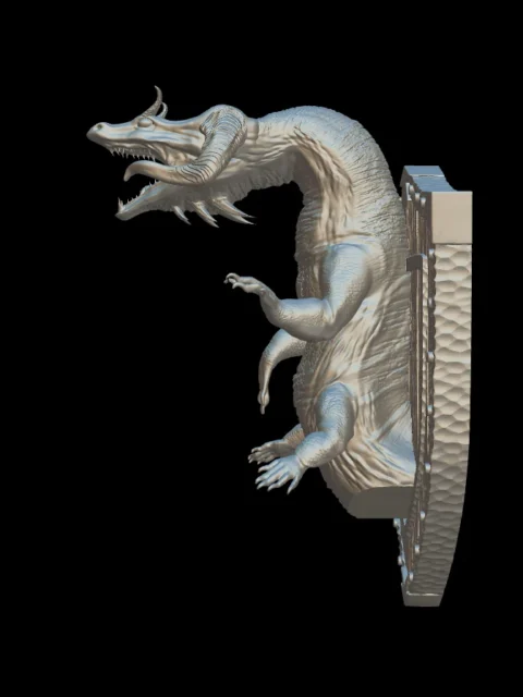 Opposite side profile of the behir trophy bust with spines framing the open jaw
