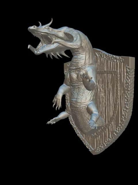 Angled view of the behir trophy bust climbing out of its wooden shield plaque